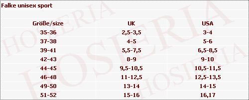 Falke Socks Size Chart